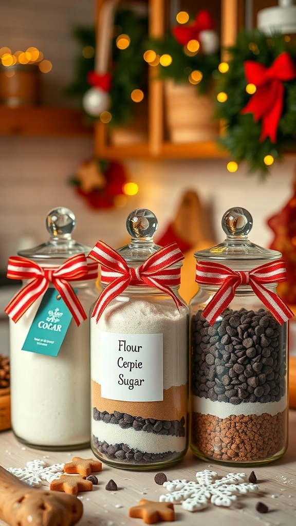 Christmas cookie baking jars filled with layered ingredients, decorated with ribbons and tags, on a festive kitchen counter.